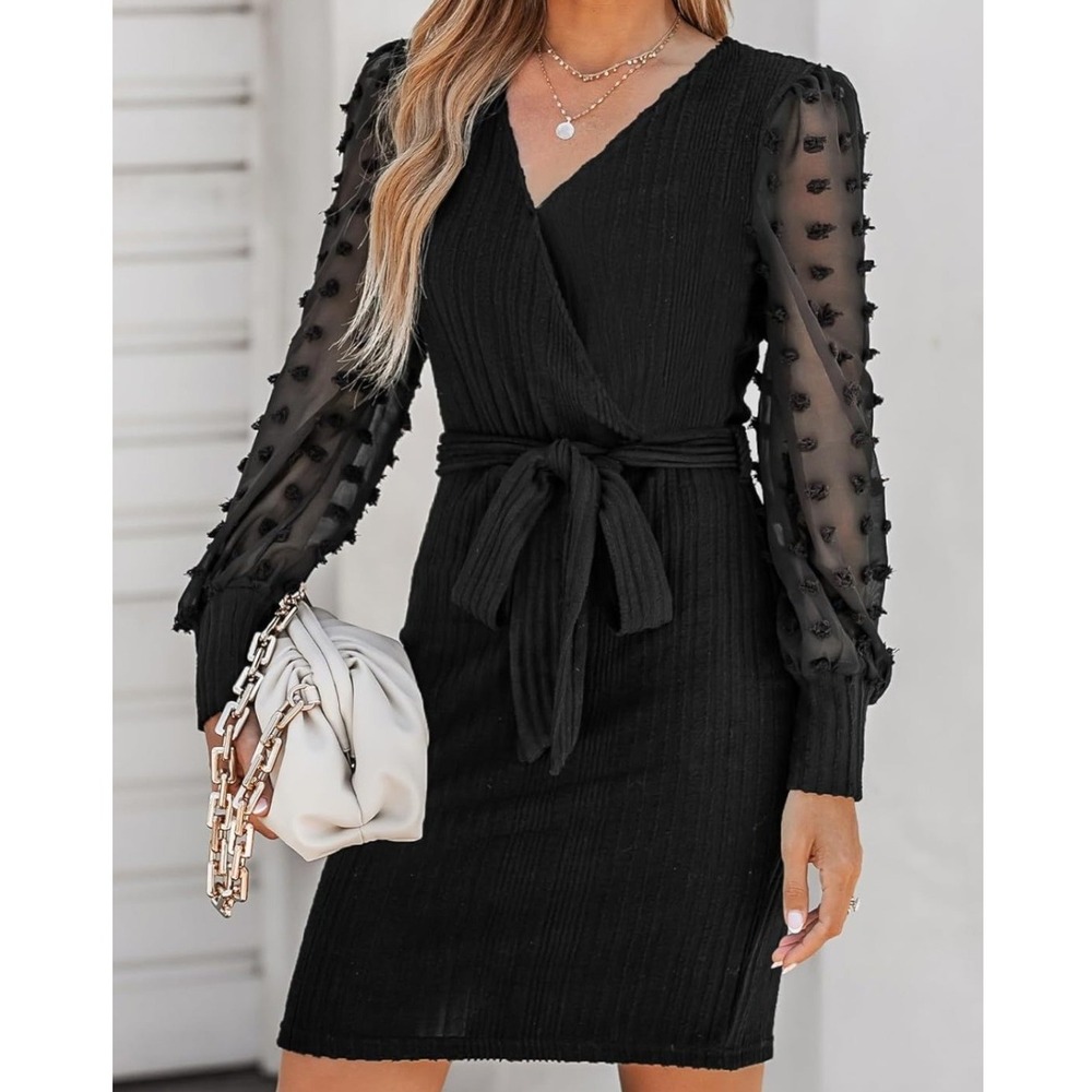 Cupshe Wrap Mini Dress Womens M Black Ribbed Sheer Pom Pom Sleeve NWT